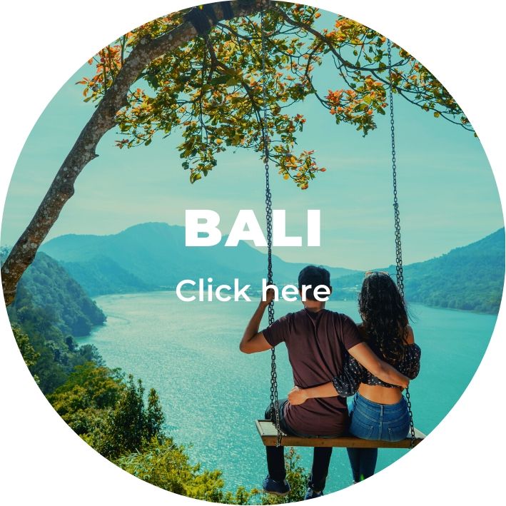 A couple on a swing overloking a lake in Bali